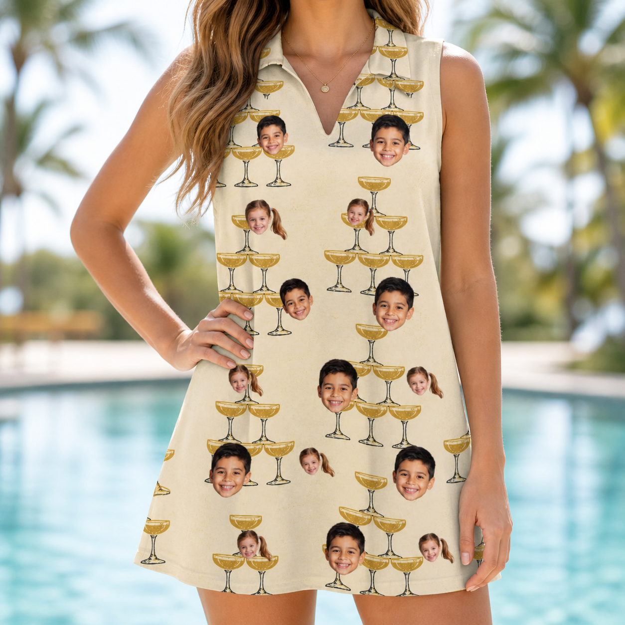 Model wearing Women's Briny Betrothal Custom Face V-Neck Dress printed with kids' faces