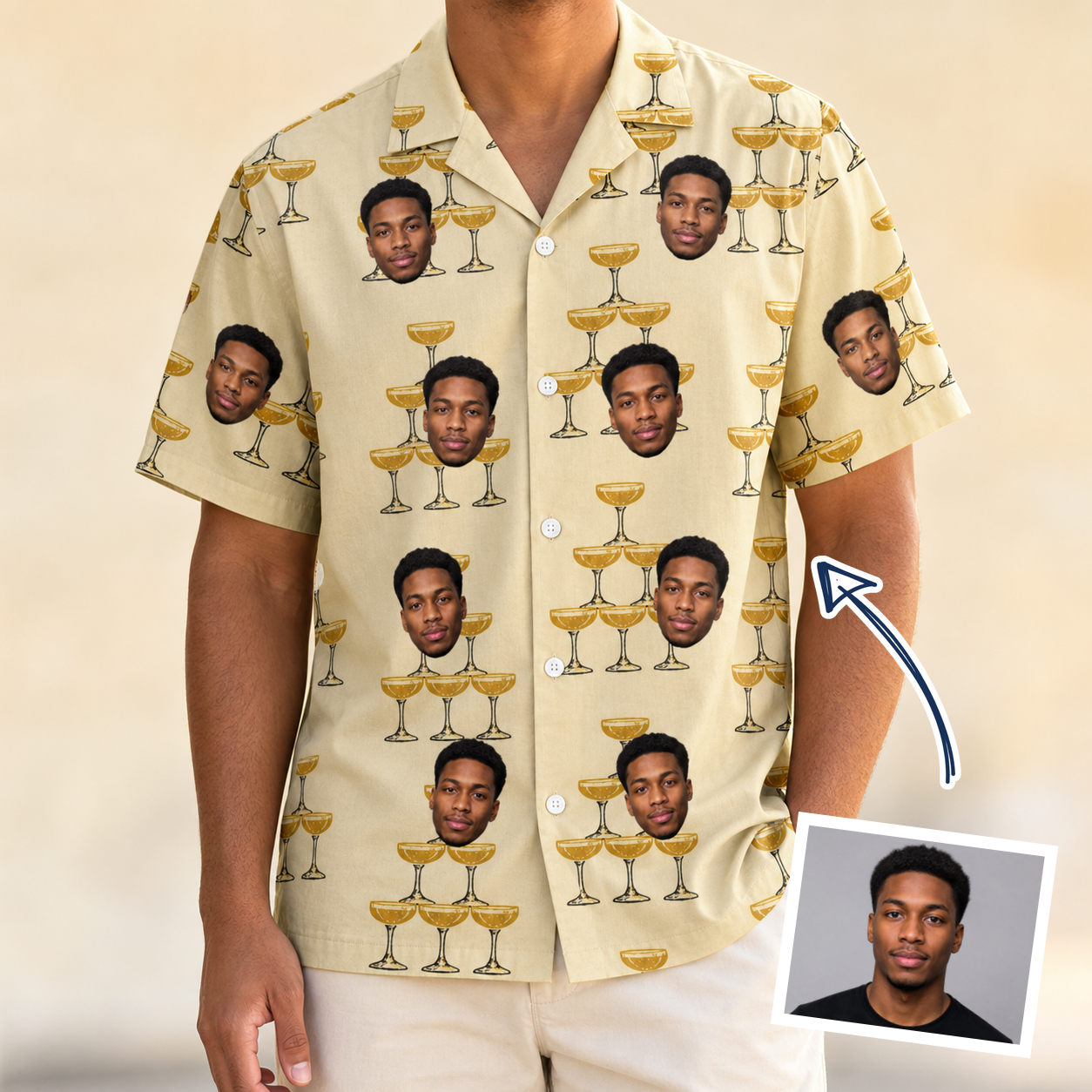 Man wearing Men's Briny Betrothal Custom Face Hawaiian Shirt — custom faces printed all-over