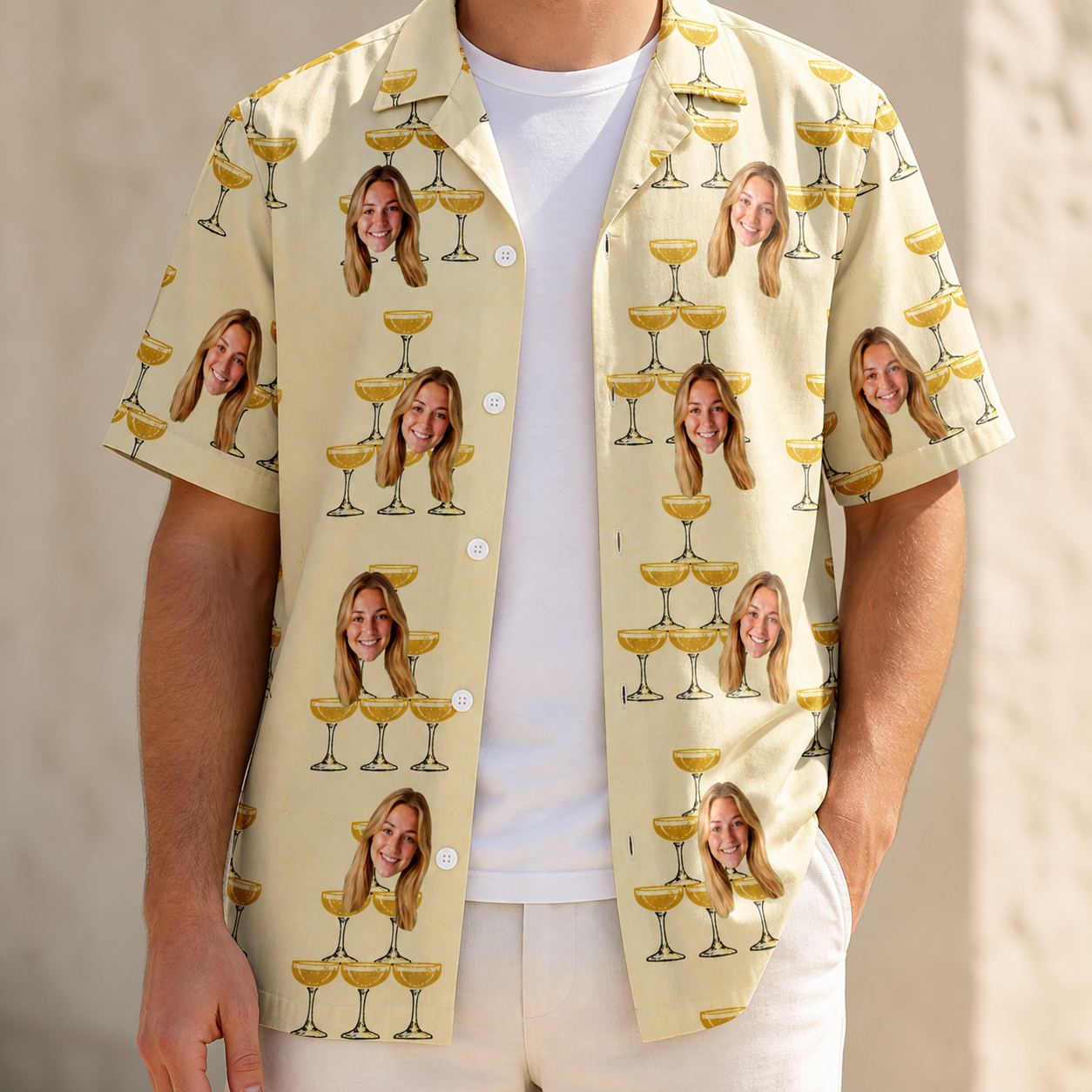 Man wearing Men's Briny Betrothal Custom Face Hawaiian Shirt open over a white tee
