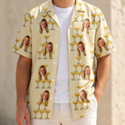 Man wearing Men's Briny Betrothal Custom Face Hawaiian Shirt open over a white tee