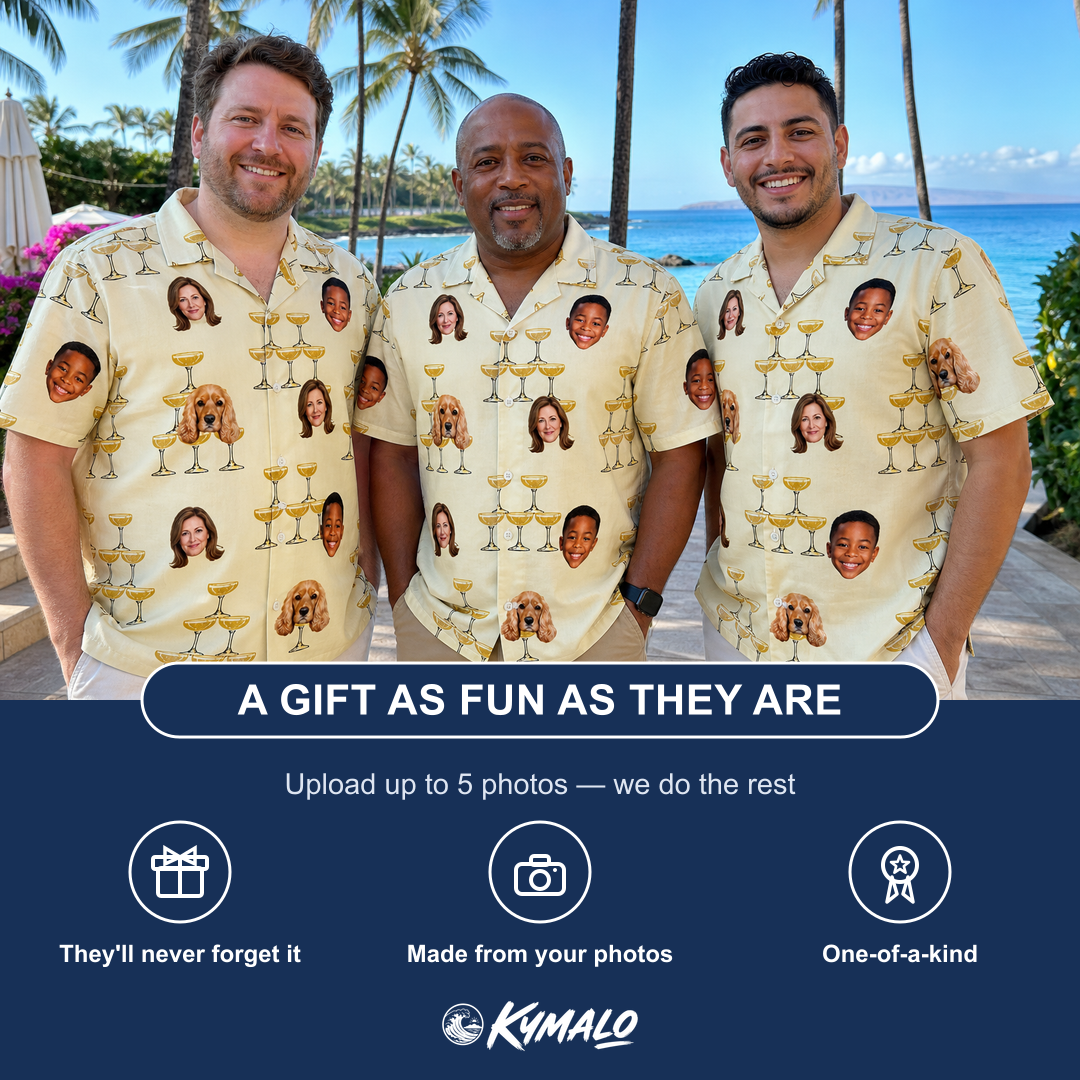 Friends in matching Men's Briny Betrothal Custom Face Hawaiian Shirt — a group gift photo