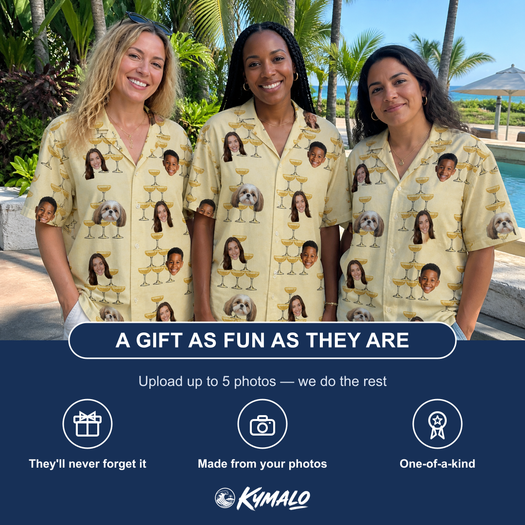 Friends in matching Women's Briny Betrothal Custom Face Hawaiian Shirt — a group gift photo