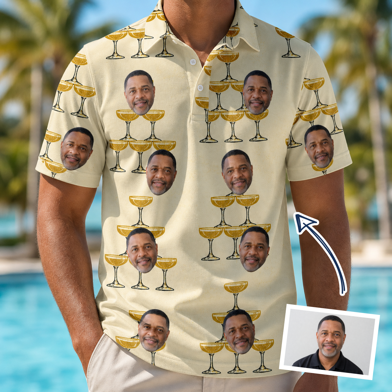 Man wearing Men's Briny Betrothal Custom Face Polo Shirt — custom faces printed all-over