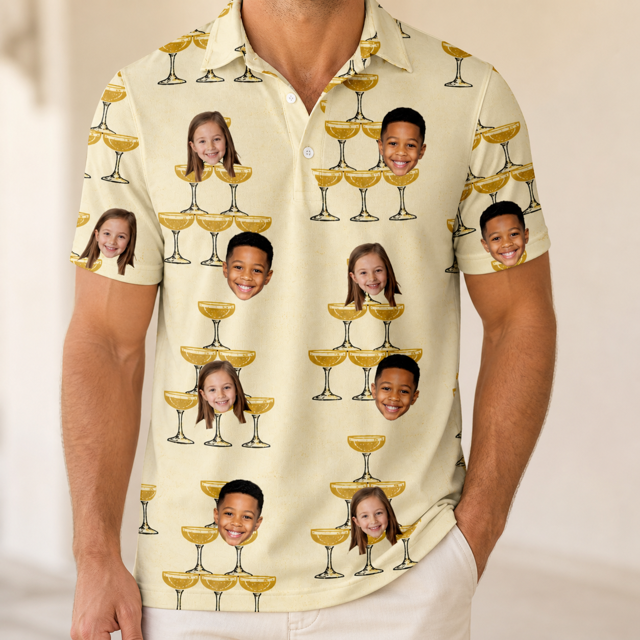 Model wearing Men's Briny Betrothal Custom Face Polo Shirt printed with kids' faces