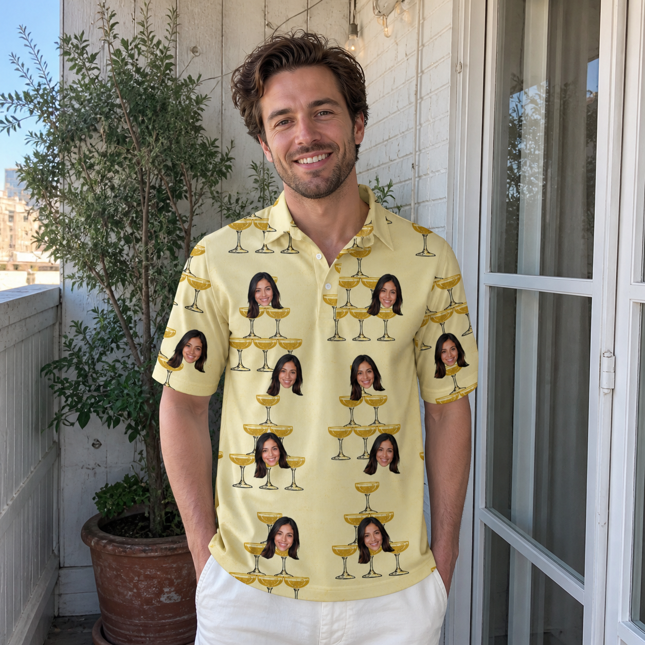 Real-life photo of someone wearing Men's Briny Betrothal Custom Face Polo Shirt — custom faces printed all-over