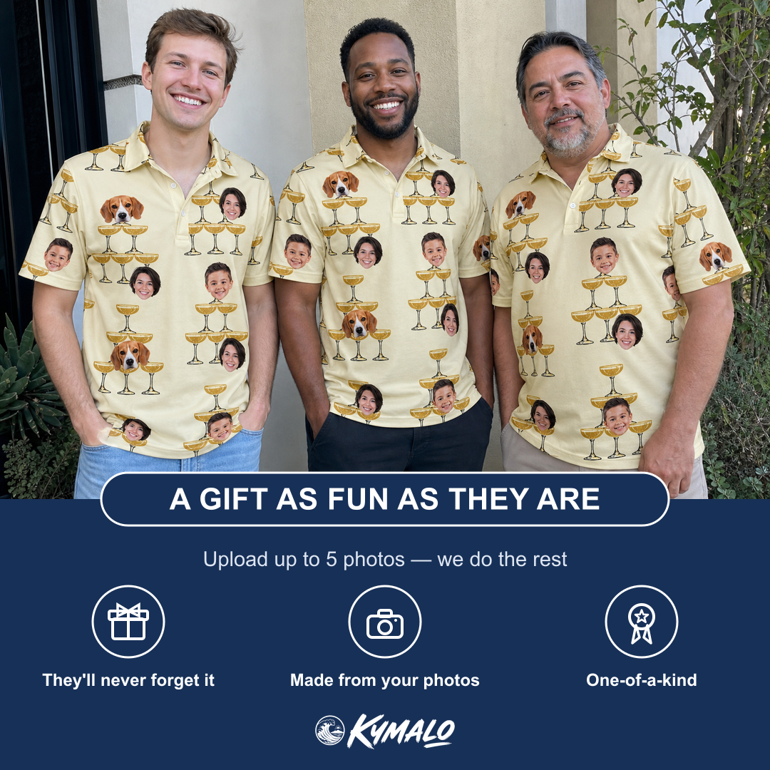 Friends in matching Men's Briny Betrothal Custom Face Polo Shirt — a group gift photo