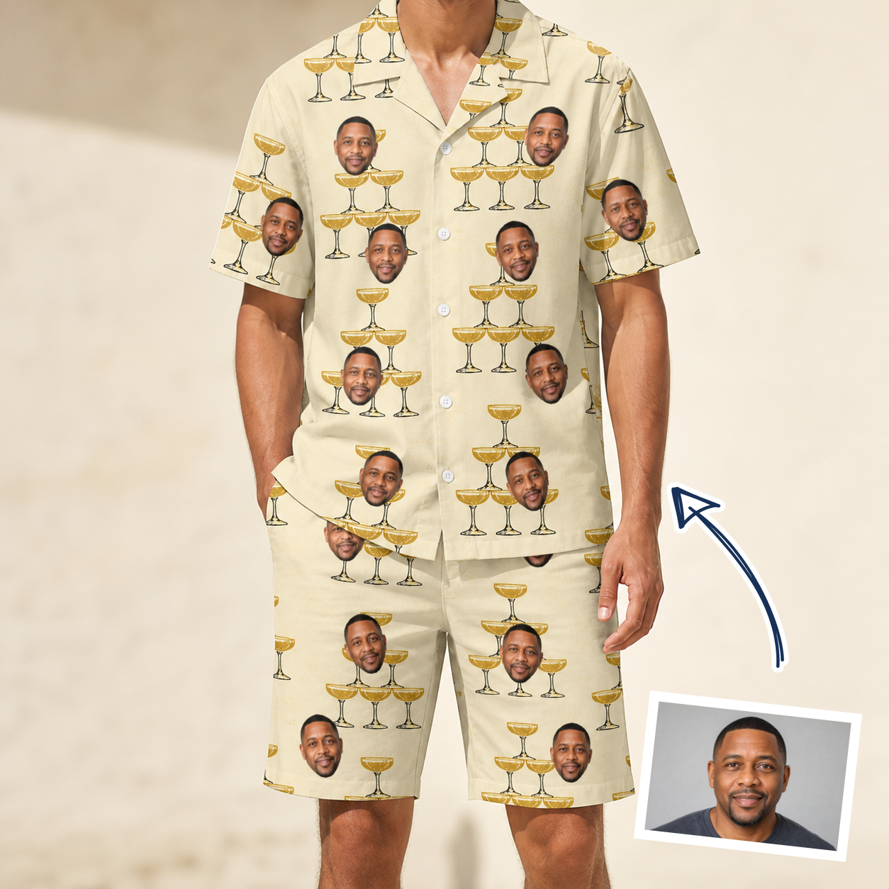 Man wearing Men's Briny Betrothal Custom Face Shirt & Shorts Set — custom faces printed all-over
