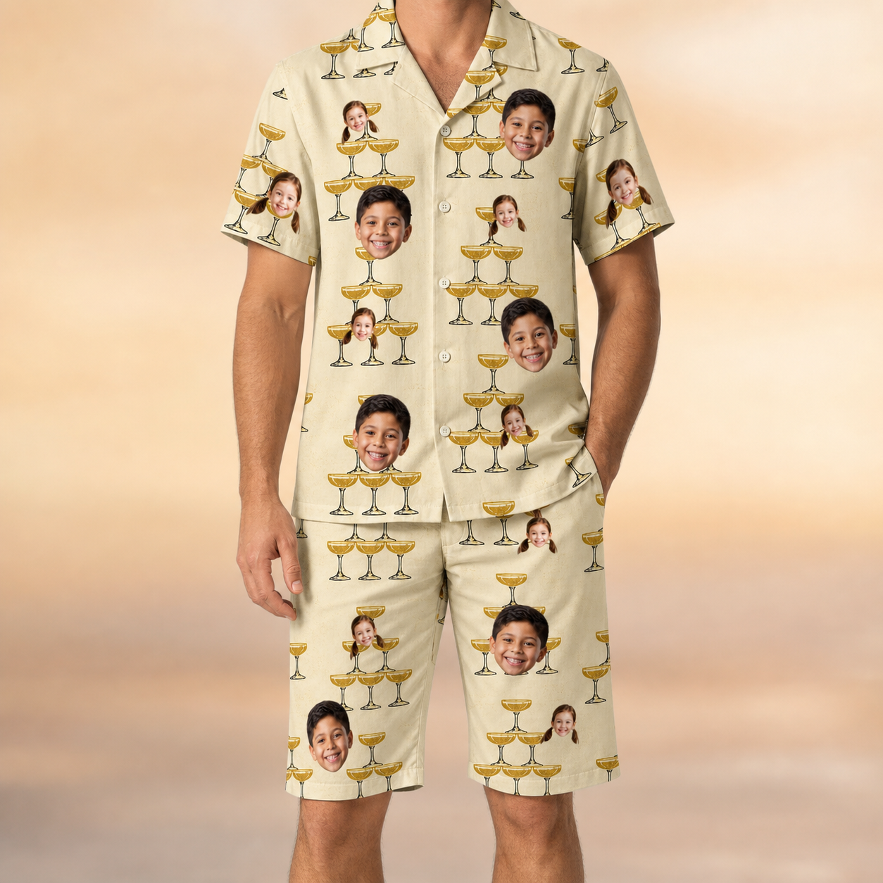 Model wearing Men's Briny Betrothal Custom Face Shirt & Shorts Set printed with kids' faces