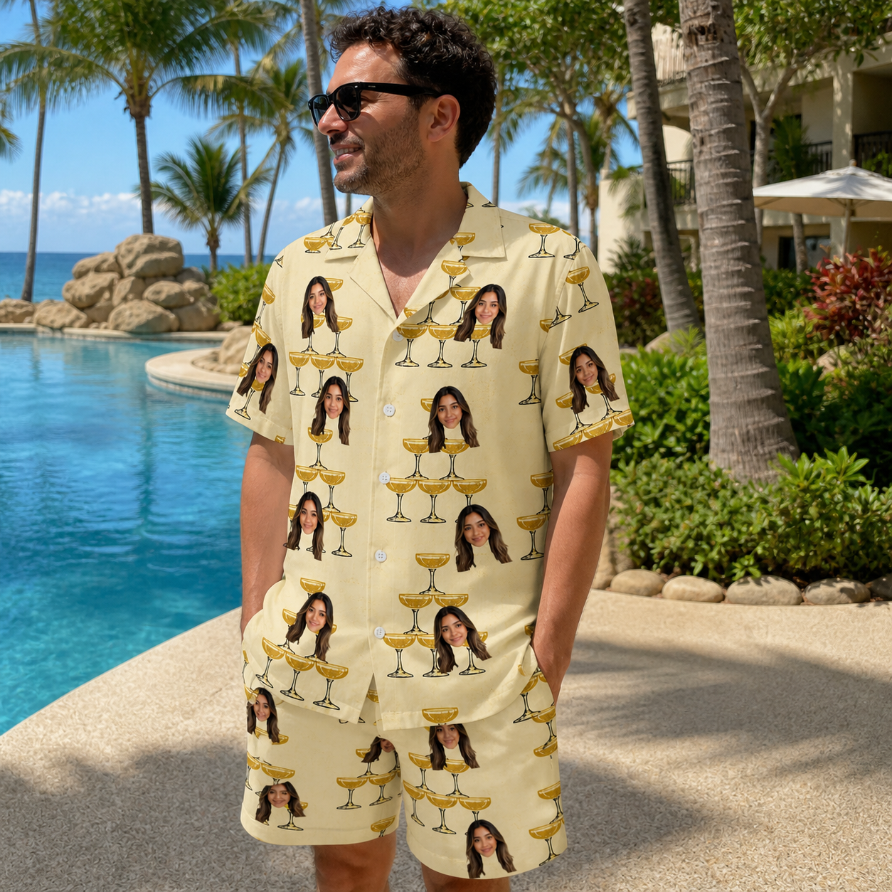 Real-life photo of someone wearing Men's Briny Betrothal Custom Face Shirt & Shorts Set — custom faces printed all-over