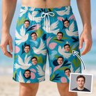 Man wearing Men's Altar Aviary Custom Face Beach Shorts — custom faces printed all-over