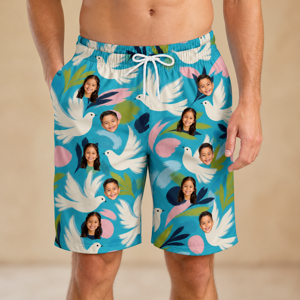 Model wearing Men's Altar Aviary Custom Face Beach Shorts printed with kids' faces