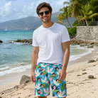 Real-life photo of someone wearing Men's Altar Aviary Custom Face Beach Shorts — custom faces printed all-over