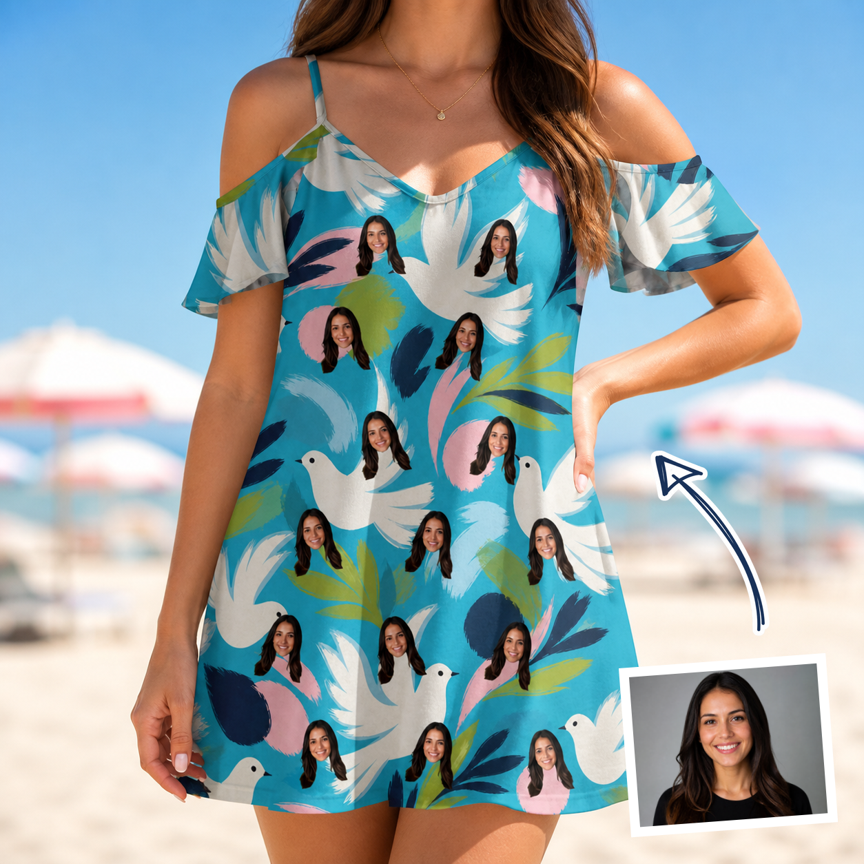 Woman wearing Women's Altar Aviary Custom Face Off-Shoulder Dress — custom faces printed all-over