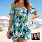 Woman wearing Women's Altar Aviary Custom Face Off-Shoulder Dress — custom faces printed all-over