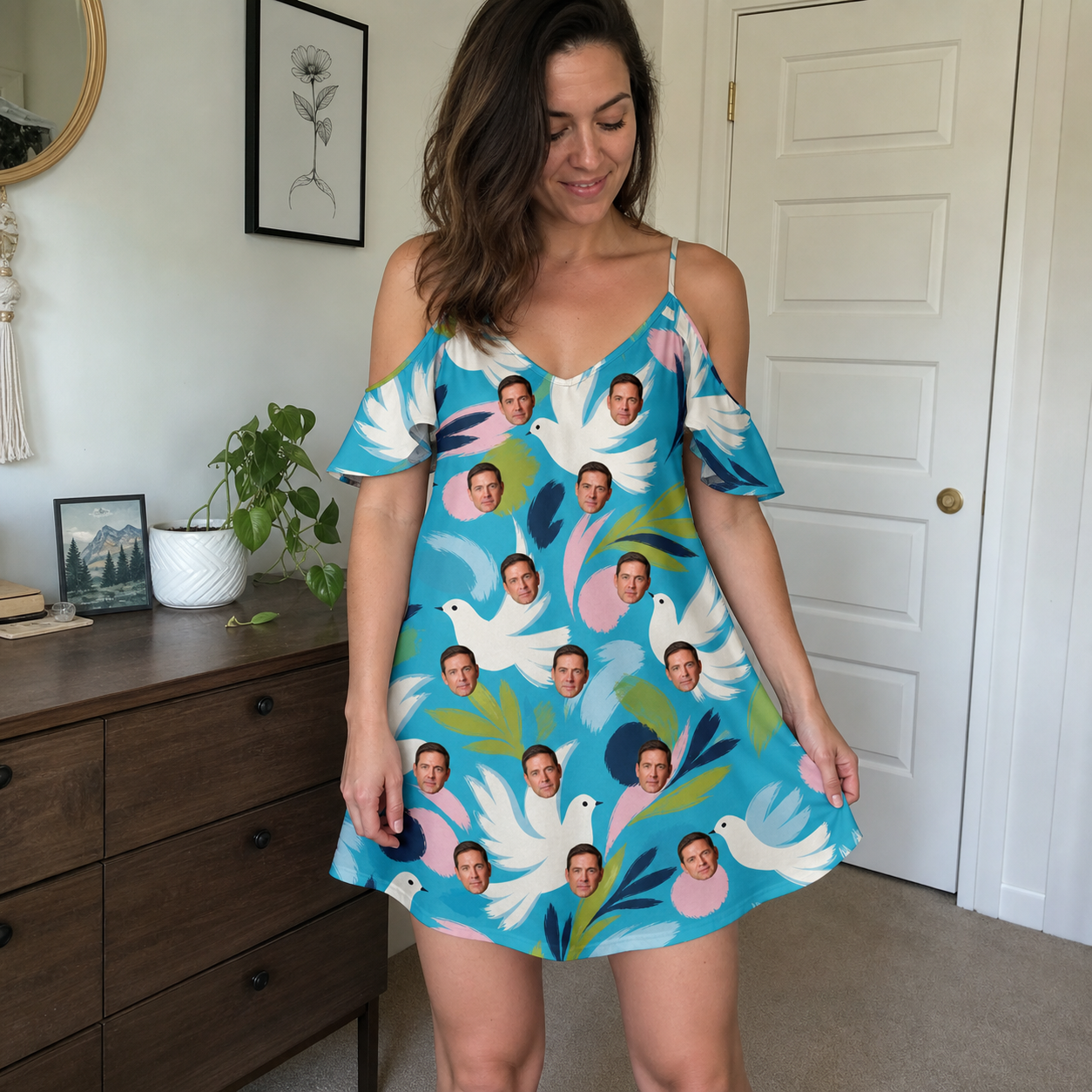 Real-life photo of someone wearing Women's Altar Aviary Custom Face Off-Shoulder Dress — custom faces printed all-over