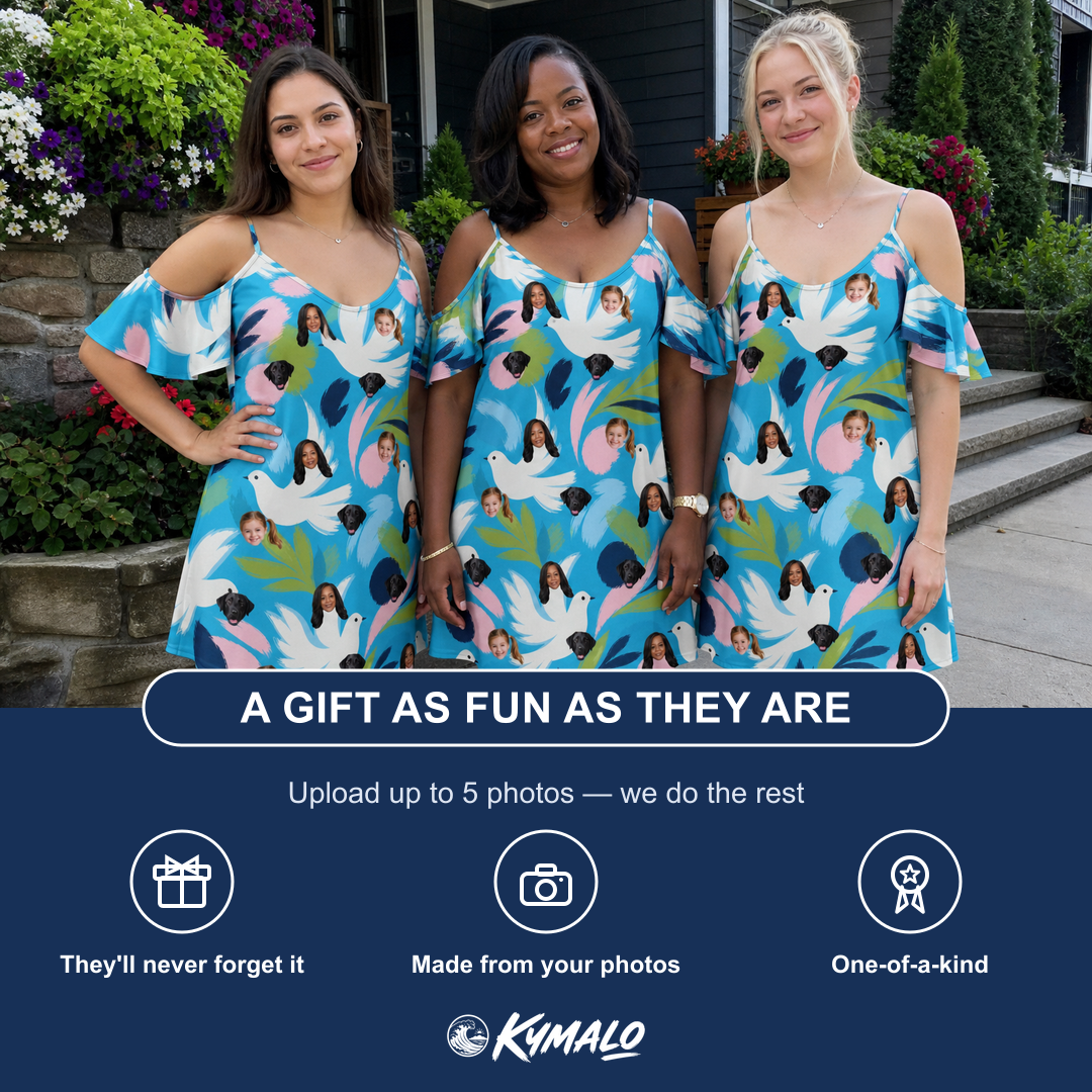 Friends in matching Women's Altar Aviary Custom Face Off-Shoulder Dress — a group gift photo