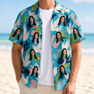 Man wearing Men's Altar Aviary Custom Face Hawaiian Shirt open over a white tee