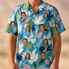 Model wearing Men's Altar Aviary Custom Face Hawaiian Shirt printed with kids' faces