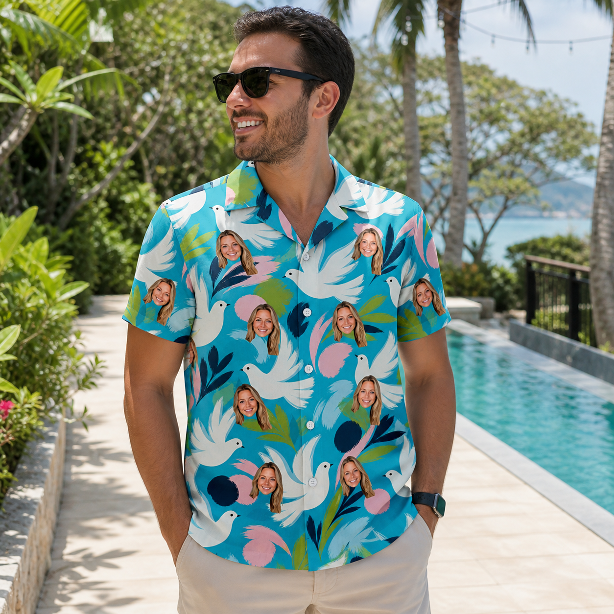 Real-life photo of someone wearing Men's Altar Aviary Custom Face Hawaiian Shirt — custom faces printed all-over