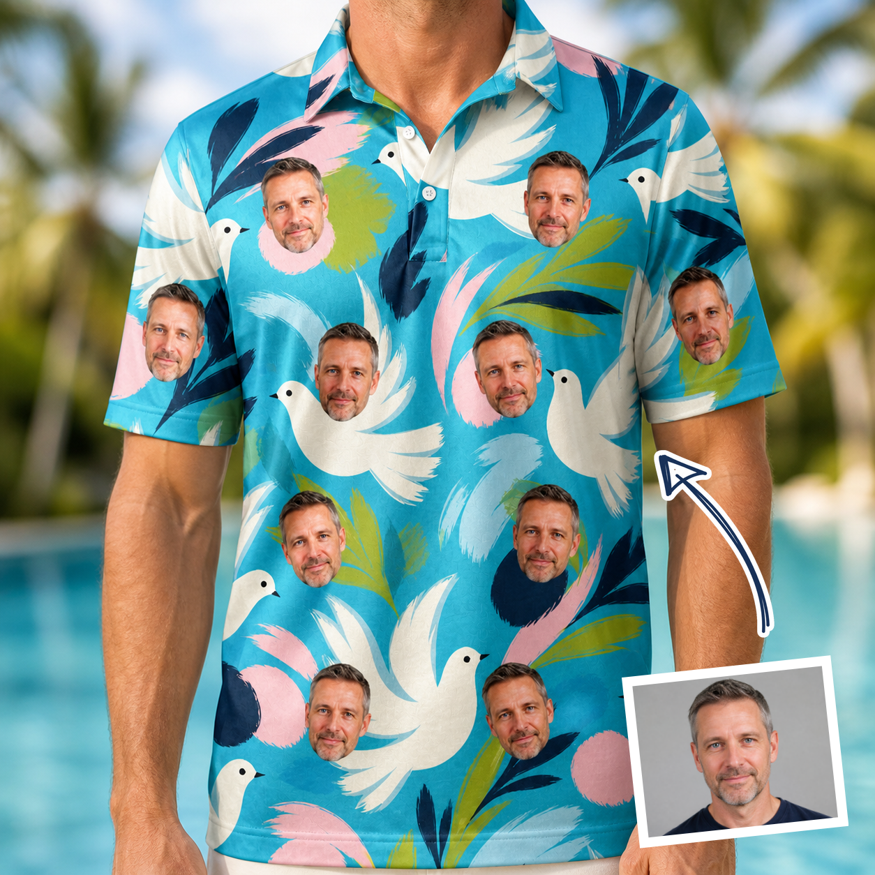 Man wearing Men's Altar Aviary Custom Face Polo Shirt — custom faces printed all-over