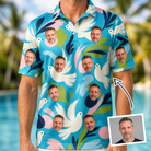 Man wearing Men's Altar Aviary Custom Face Polo Shirt — custom faces printed all-over