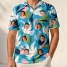 Model wearing Men's Altar Aviary Custom Face Polo Shirt printed with kids' faces