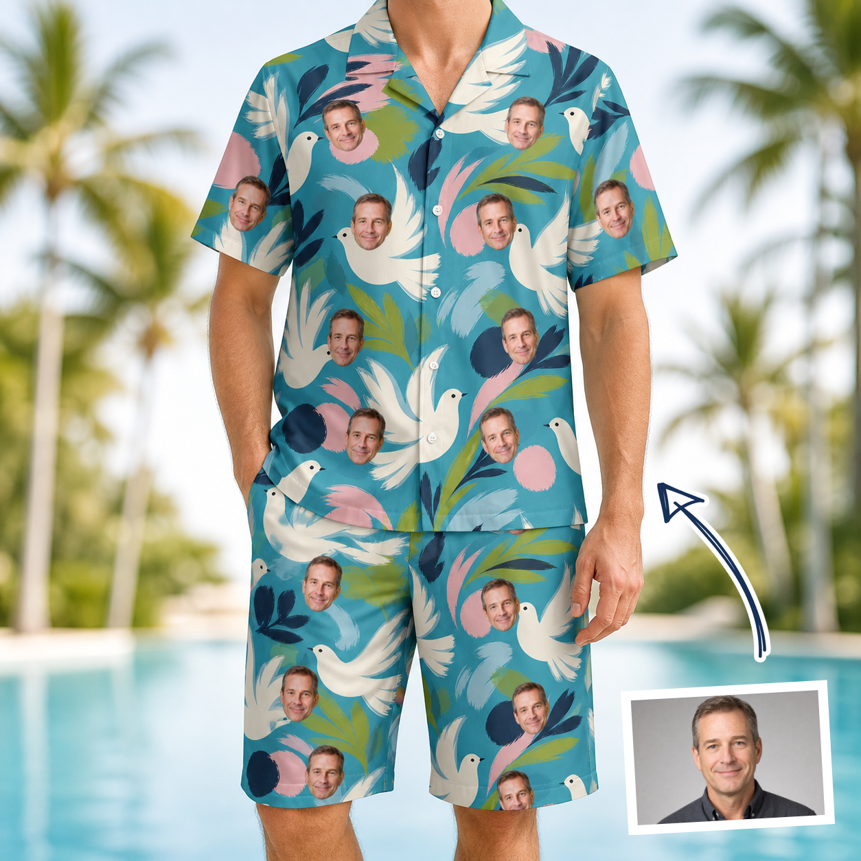 Man wearing Men's Altar Aviary Custom Face Shirt & Shorts Set — custom faces printed all-over