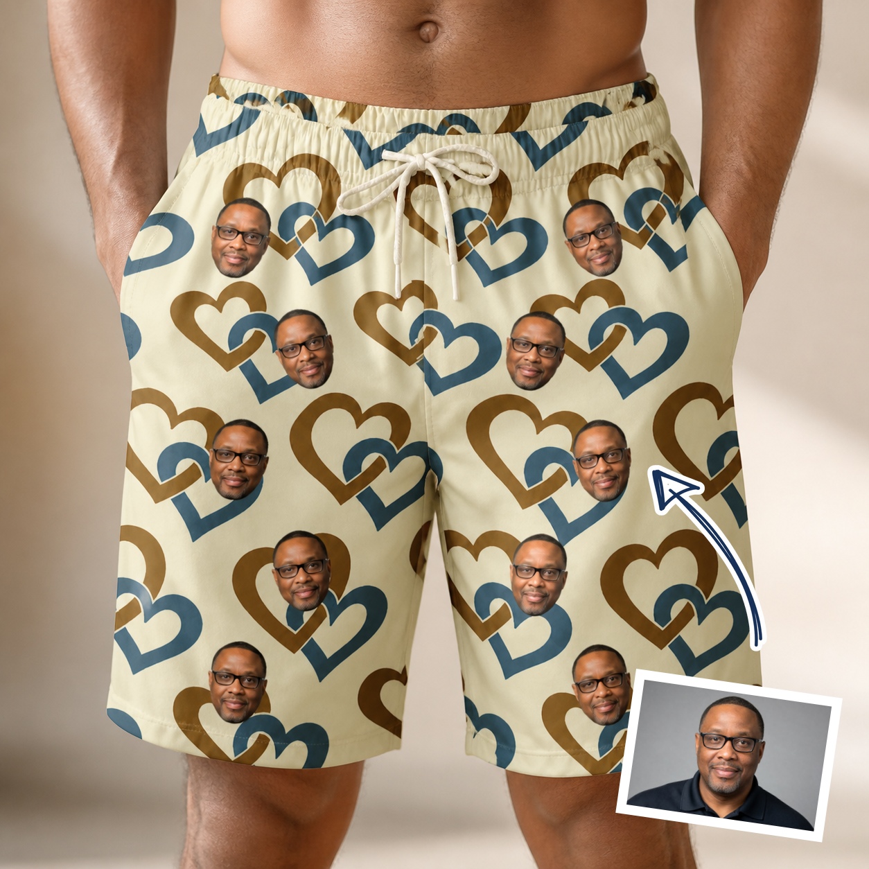 Man wearing Men's Cove Connections Custom Face Beach Shorts — custom faces printed all-over
