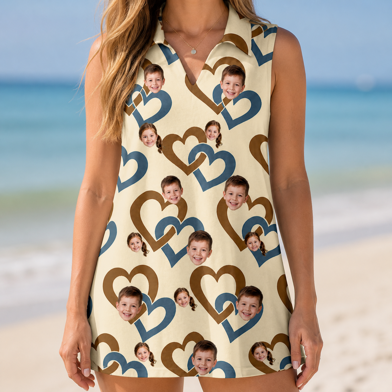 Model wearing Women's Cove Connections Custom Face V-Neck Dress printed with kids' faces