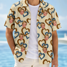 Man wearing Men's Cove Connections Custom Face Hawaiian Shirt open over a white tee