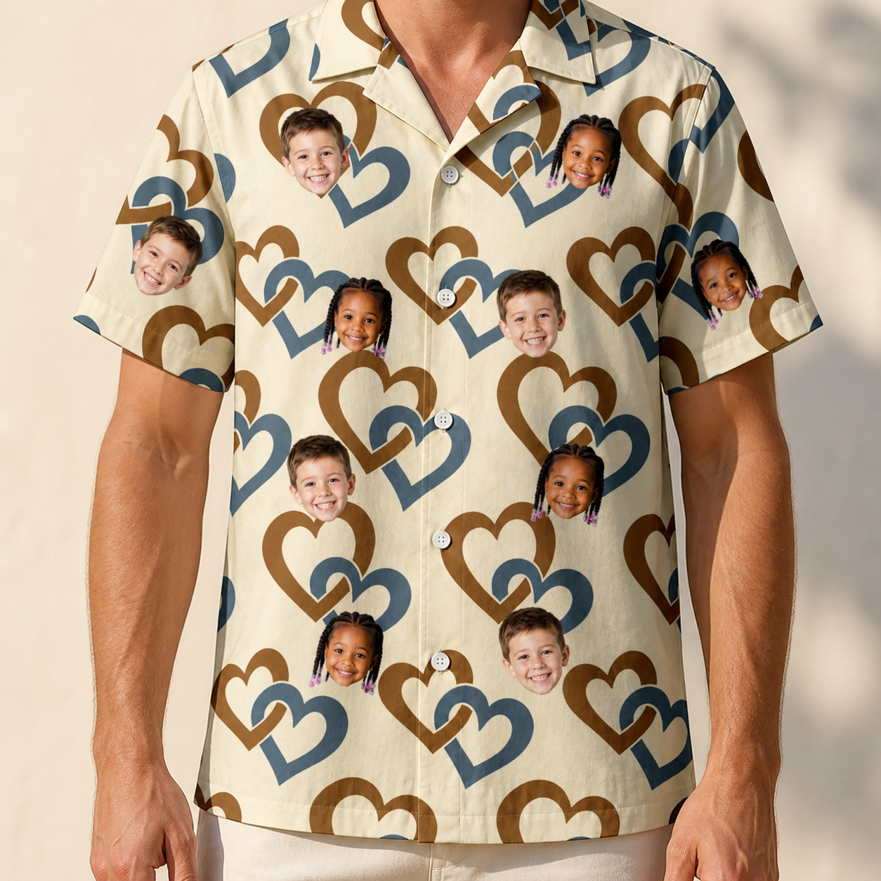 Model wearing Men's Cove Connections Custom Face Hawaiian Shirt printed with kids' faces