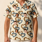Model wearing Men's Cove Connections Custom Face Hawaiian Shirt printed with kids' faces
