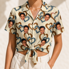 Woman wearing Women's Cove Connections Custom Face Hawaiian Shirt tied at the waist