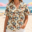 Model wearing Women's Cove Connections Custom Face Hawaiian Shirt printed with kids' faces