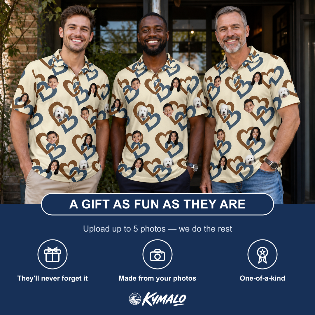 Friends in matching Men's Cove Connections Custom Face Polo Shirt — a group gift photo