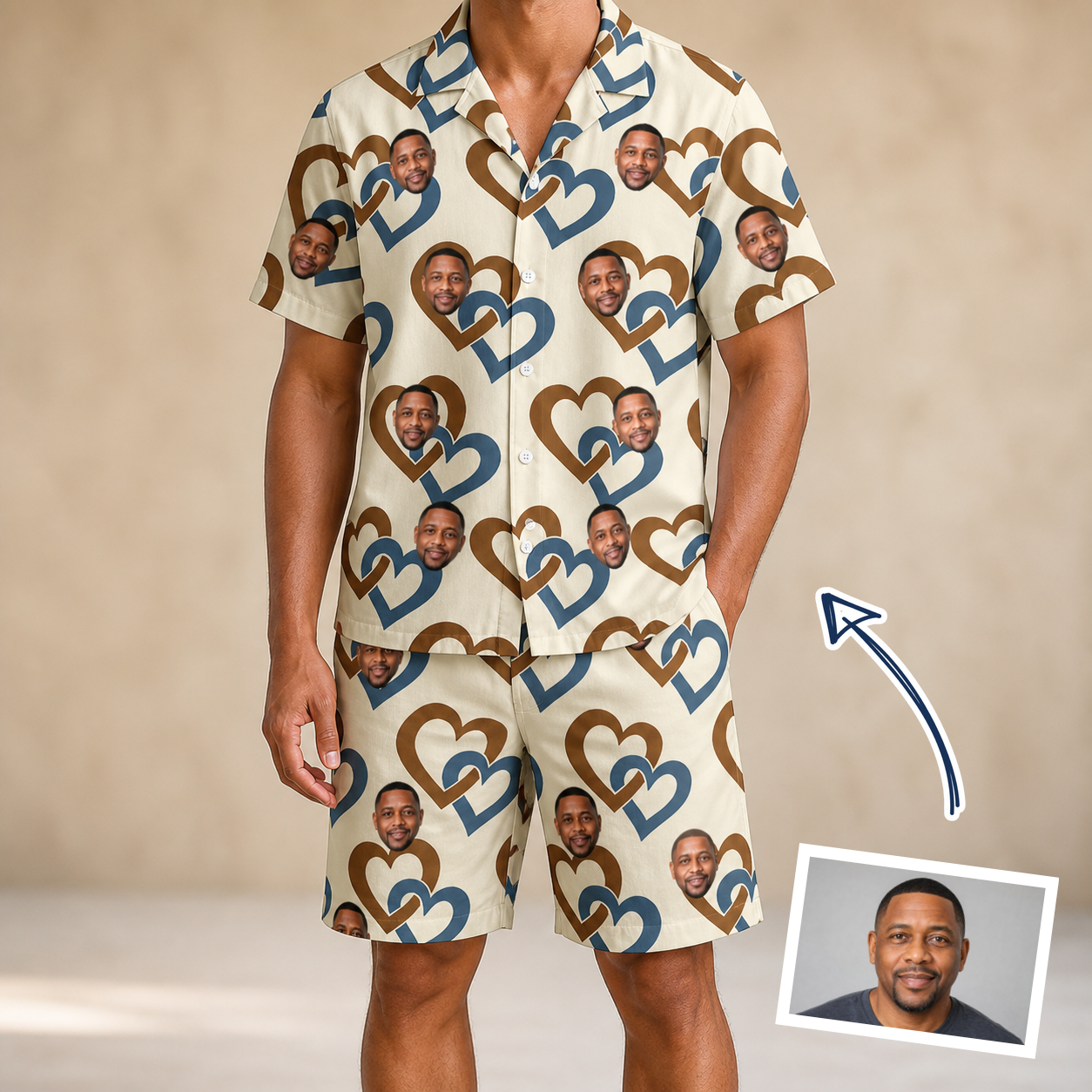Man wearing Men's Cove Connections Custom Face Shirt & Shorts Set — custom faces printed all-over