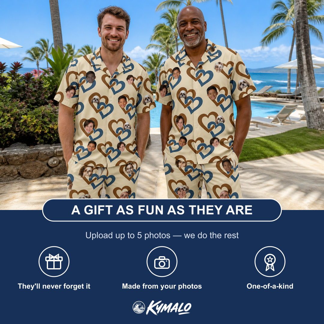 Friends in matching Men's Cove Connections Custom Face Shirt & Shorts Set — a group gift photo