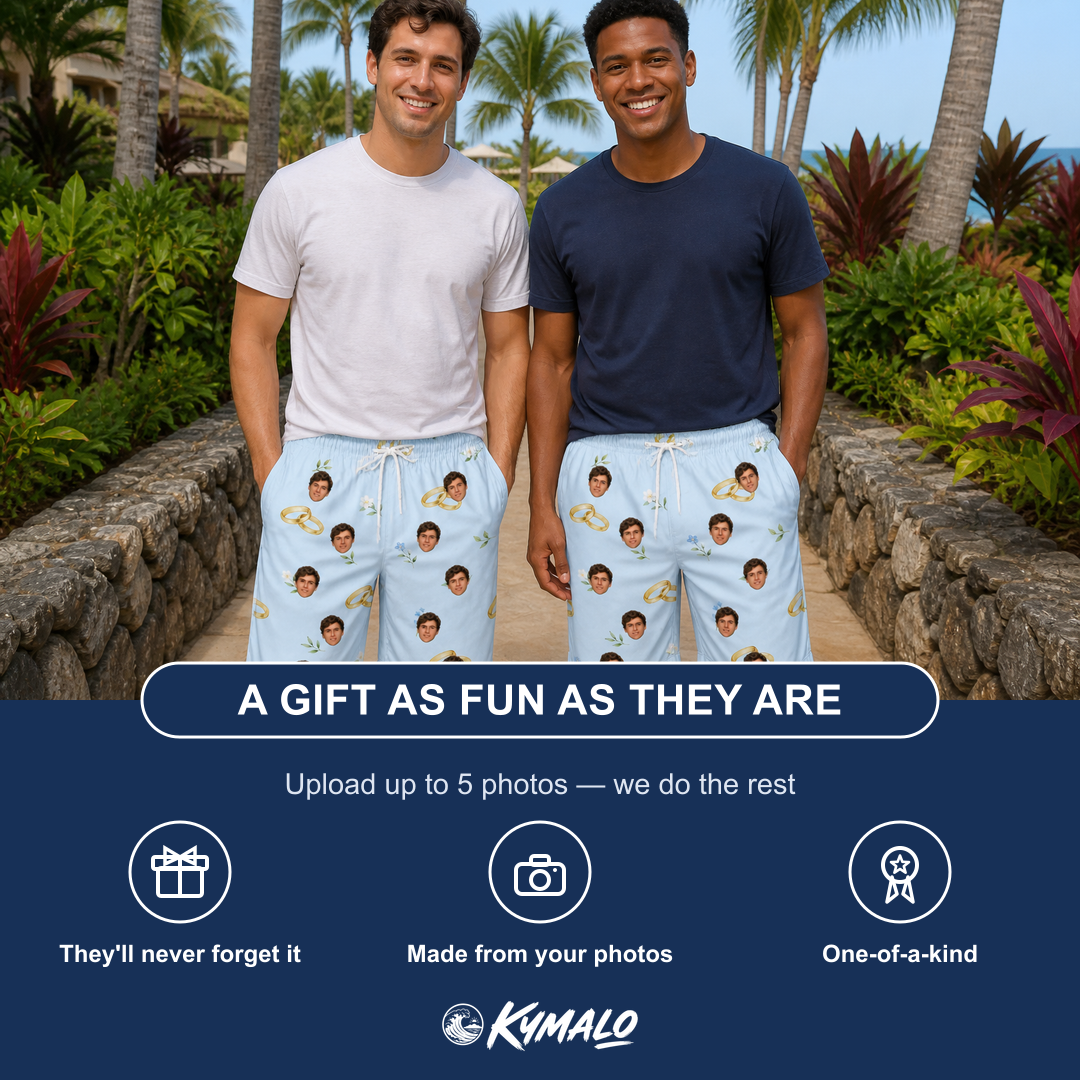 Friends in matching Men's Sandbar Signets Custom Face Beach Shorts — a group gift photo