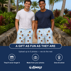 Friends in matching Men's Sandbar Signets Custom Face Beach Shorts — a group gift photo