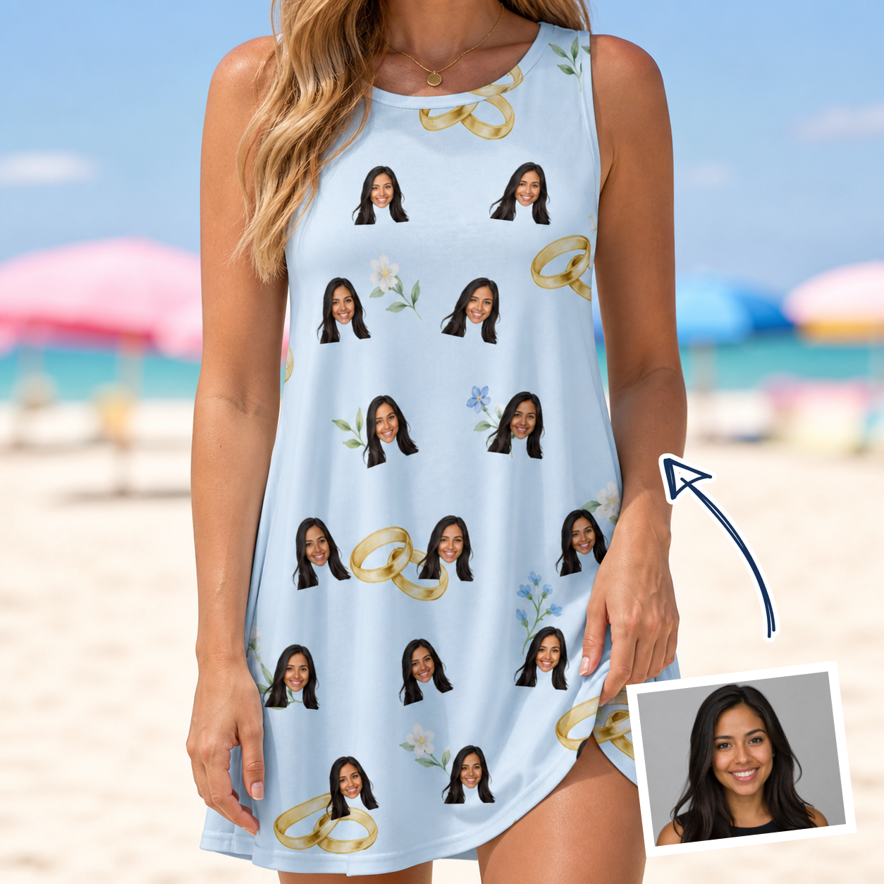 Woman wearing Women's Sandbar Signets Custom Face Tank Dress — custom faces printed all-over