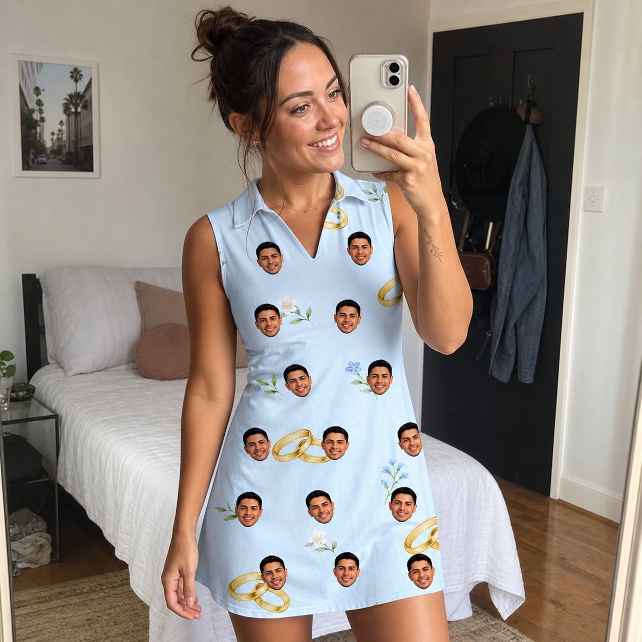 Real-life photo of someone wearing Women's Sandbar Signets Custom Face V-Neck Dress — custom faces printed all-over