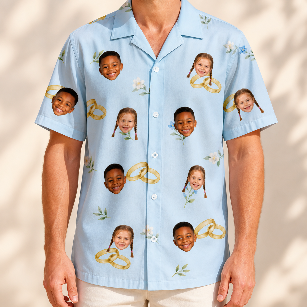 Model wearing Men's Sandbar Signets Custom Face Hawaiian Shirt printed with kids' faces