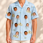 Model wearing Men's Sandbar Signets Custom Face Hawaiian Shirt printed with kids' faces