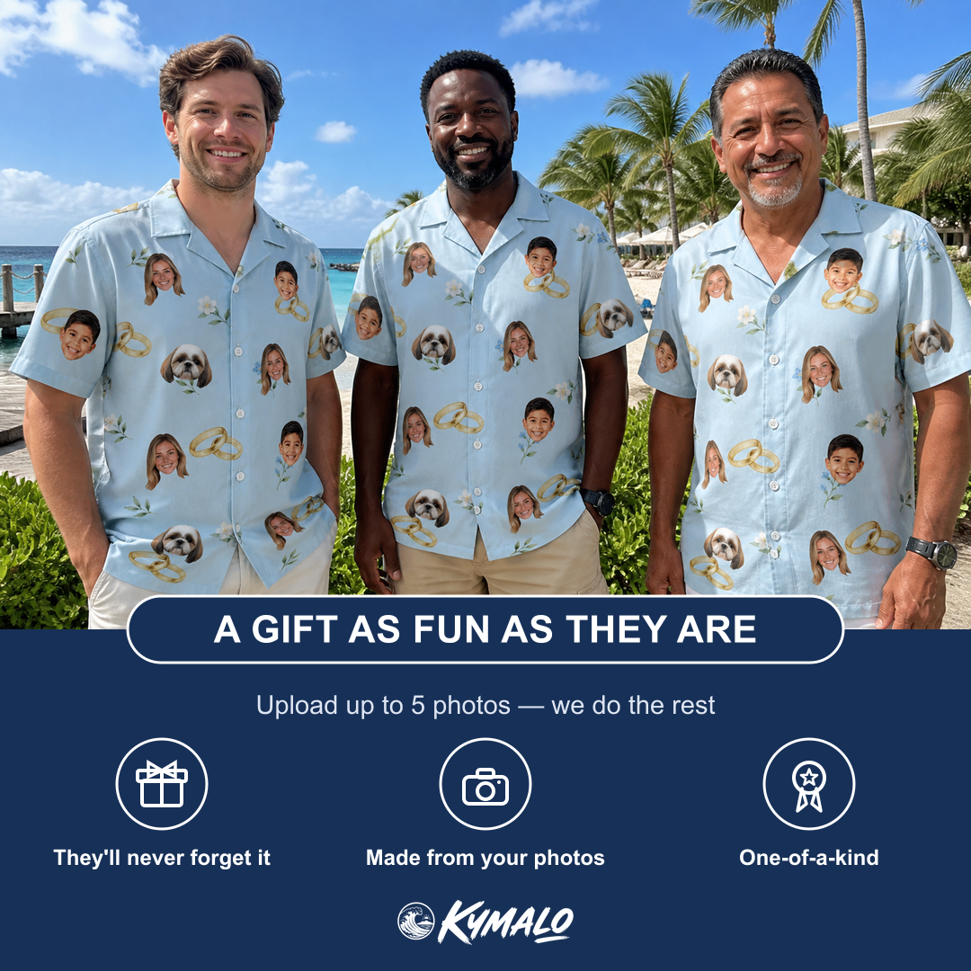 Friends in matching Men's Sandbar Signets Custom Face Hawaiian Shirt — a group gift photo