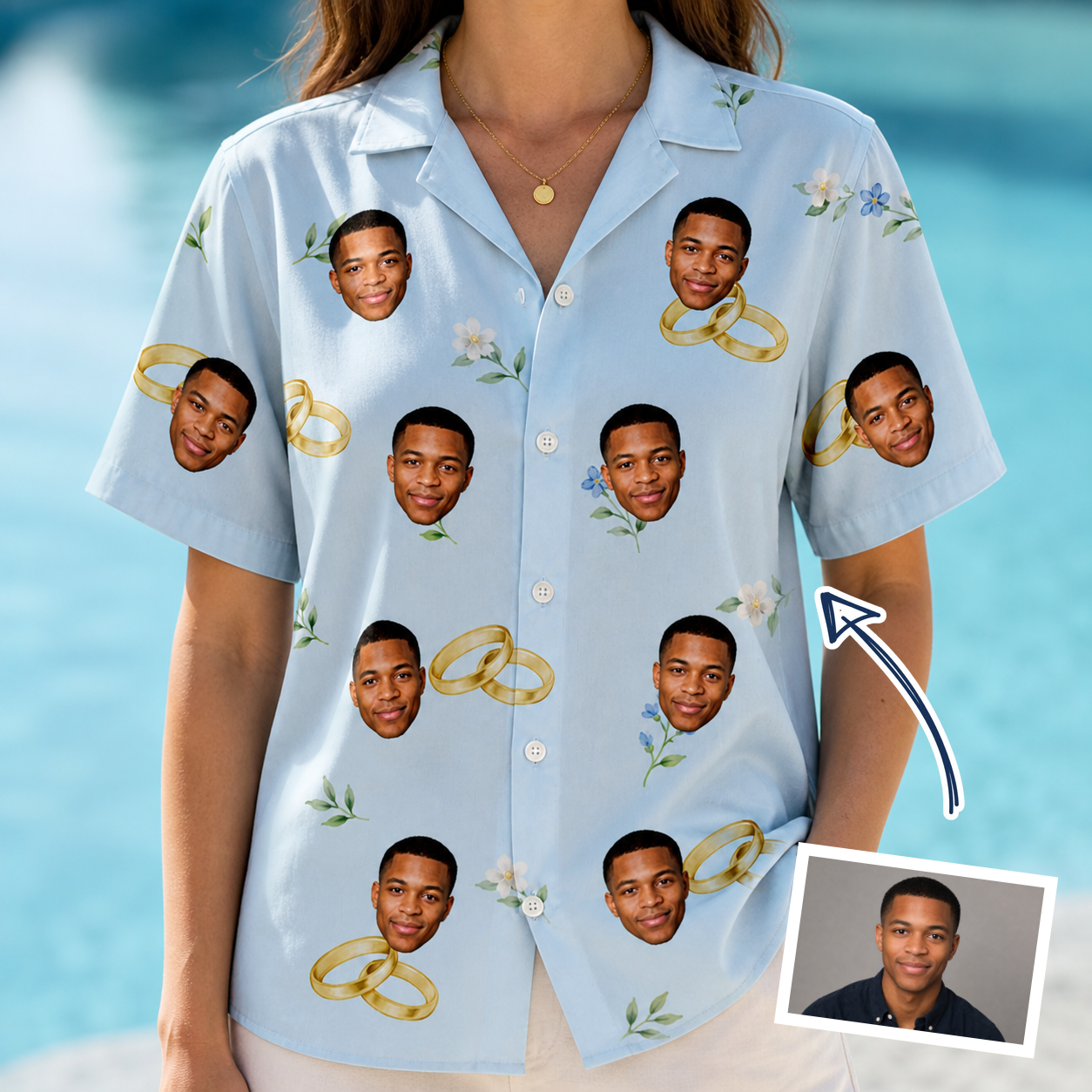 Woman wearing Women's Sandbar Signets Custom Face Hawaiian Shirt — custom faces printed all-over