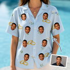 Woman wearing Women's Sandbar Signets Custom Face Hawaiian Shirt — custom faces printed all-over