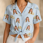 Woman wearing Women's Sandbar Signets Custom Face Hawaiian Shirt tied at the waist