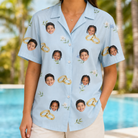 Model wearing Women's Sandbar Signets Custom Face Hawaiian Shirt printed with kids' faces