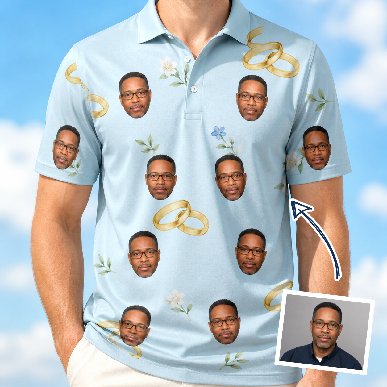 Man wearing Men's Sandbar Signets Custom Face Polo Shirt — custom faces printed all-over