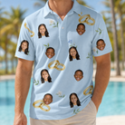Model wearing Men's Sandbar Signets Custom Face Polo Shirt printed with kids' faces